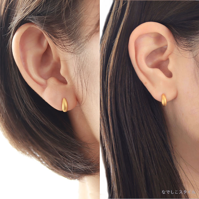 ゴールドチタンカラーのおぼろ月をつけた二人の女性の耳の比較画像