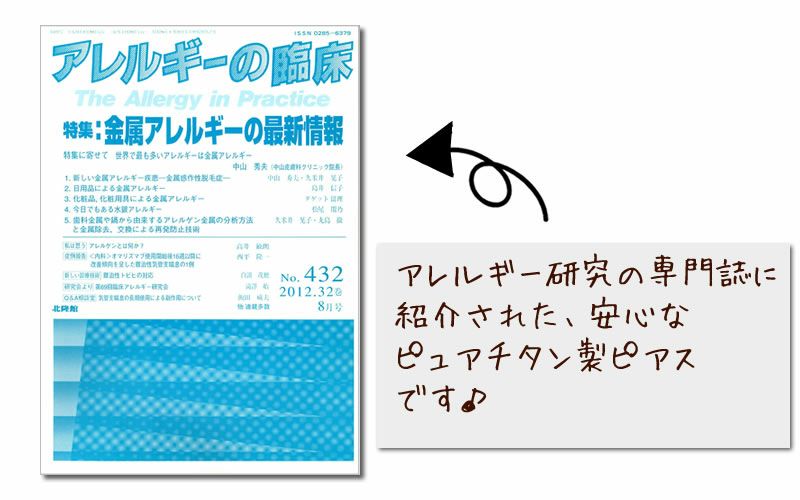 金属アレルギーの専門誌に掲載された「なでしこスタイル」の純チタンピアスの写真