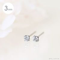 高純度チタンピアス、プラチナ軸の一粒キュービックジルコニア「CZダイアモンド」３mm、斜めヨコの画像