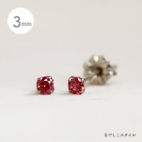 金属アレルギー対応チタンピアス、プラチナ軸の一粒キュービックジルコニア「CZルビー」３mm、斜めヨコの画像