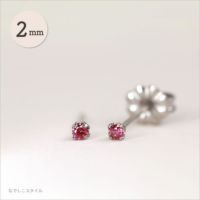 金属アレルギーに安心して使えるチタンピアス、プラチナ軸の一粒キュービックジルコニア「CZルビー」2mm、斜めヨコの画像