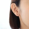 チタン純度99.5％、お仕事や学校で使えるチタンピアス、プラチナ軸の一粒キュービックジルコニア「CZエメラルド」２mm、女性の耳につけている画像