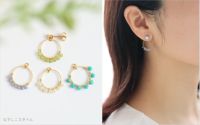 天然石ターコイズのピアスチャームをつけた女性の横顔画像と４カラーの天然石ピアスチャームの画像
