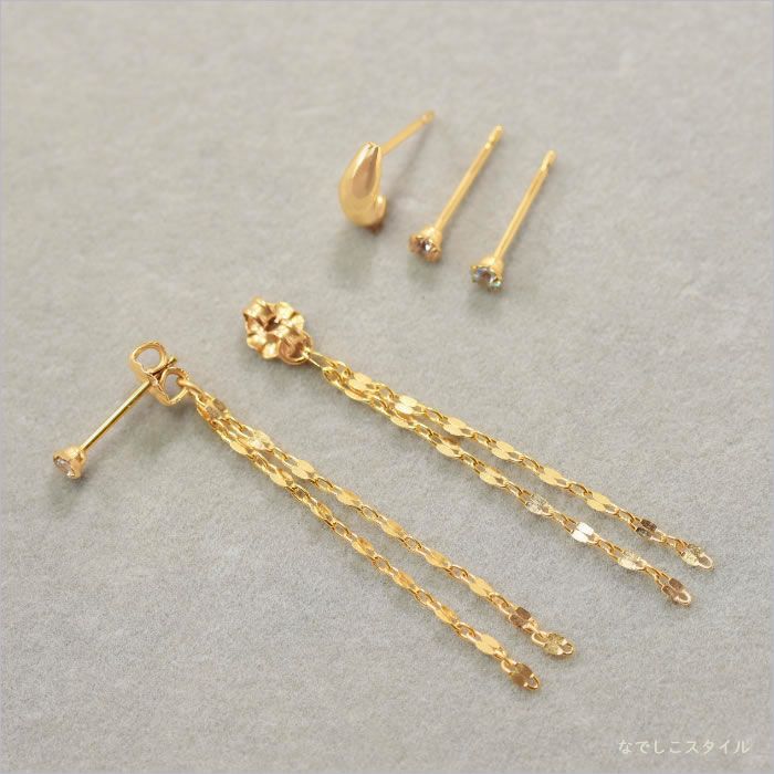 セカンドピアスのキャッチに着けられるフリンジチェーンのバックキャッチとピアスを組み合わせて印象を変えられることを説明する画像